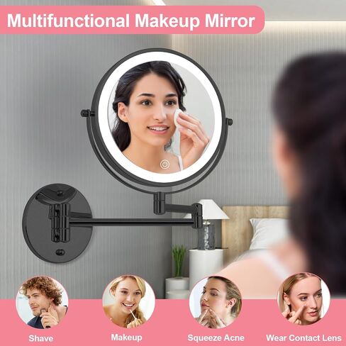 Wall Mounted Makeup Vanity Mirror with Lights, 8" Double Sided 1X/10X Wall Mount Magnifying Bathroom Shaving Mirror with 3 Color Lights, Rechargeable Touch Dimmable Extendable Cosmetic Mirror in Saudi Arabia