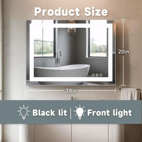 28 "x20" مرآة الحمام LED ، يدمج مرآة الغرور الإضاءة الخلفية والمرآة الرقمية الأمامية مع تعتيم بدون خطوة وثلاث درجات حرارة ملونة ، مرآة الجدار للحمام وغرفة الملابس. in Kuwait