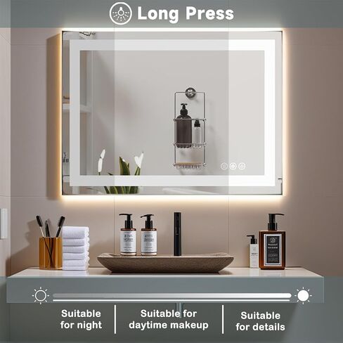 28 "x20" مرآة الحمام LED ، يدمج مرآة الغرور الإضاءة الخلفية والمرآة الرقمية الأمامية مع تعتيم بدون خطوة وثلاث درجات حرارة ملونة ، مرآة الجدار للحمام وغرفة الملابس. in Kuwait