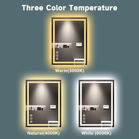 28 "x20" مرآة الحمام LED ، يدمج مرآة الغرور الإضاءة الخلفية والمرآة الرقمية الأمامية مع تعتيم بدون خطوة وثلاث درجات حرارة ملونة ، مرآة الجدار للحمام وغرفة الملابس. in Kuwait