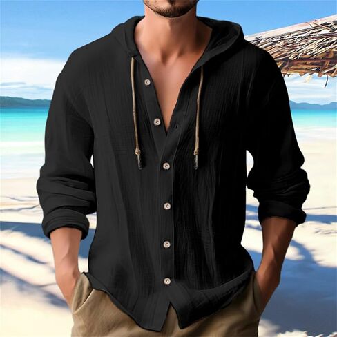 Men's Cotton Linen Shirts Long Sleeve Button Down Sweatshirts Summer Lightweight Casual Beach Shirts Fashion Hoodies in Saudi Arabia