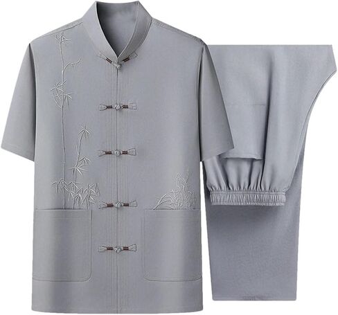 Men's Solid Color Casual Stand-Up Collar Pocket Stitching Chinese Embroidery Short-Sleeved Trousers Two-Piece Suit in Saudi Arabia