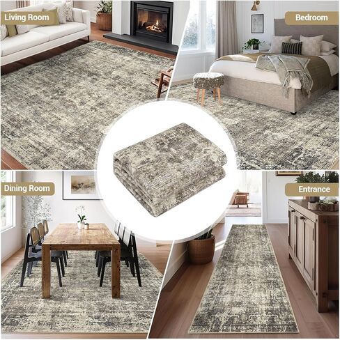 2x6 Runner Rug, Soft Vintage Washable Rug Runners for Hallways Non-Slip Kitchen Runner, Low Pile Boho Farmhouse Carpet Runners for Bedroom Laundry Kitchen, Olive/Brown in Kuwait