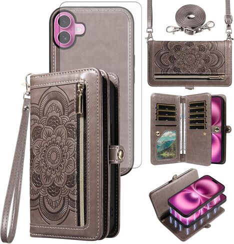 Asuwish Phone Case for iPhone 16 Plus 6.7 inch Zipper Wallet Detachable Cell Cover with Tempered Glass Screen Protector Crossbody Strap Flower Card Holder i Phone16 16+ i16 + 16Plus Women Rose Gold in Saudi Arabia