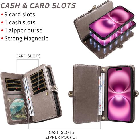 Asuwish Phone Case for iPhone 16 Plus 6.7 inch Zipper Wallet Detachable Cell Cover with Tempered Glass Screen Protector Crossbody Strap Flower Card Holder i Phone16 16+ i16 + 16Plus Women Rose Gold in Saudi Arabia