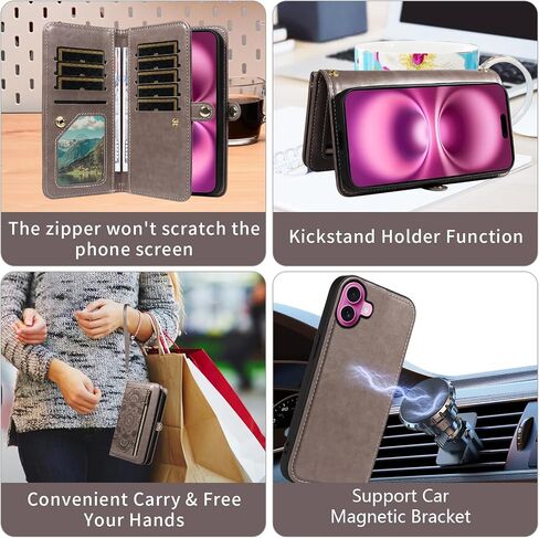 Asuwish Phone Case for iPhone 16 Plus 6.7 inch Zipper Wallet Detachable Cell Cover with Tempered Glass Screen Protector Crossbody Strap Flower Card Holder i Phone16 16+ i16 + 16Plus Women Rose Gold in Saudi Arabia