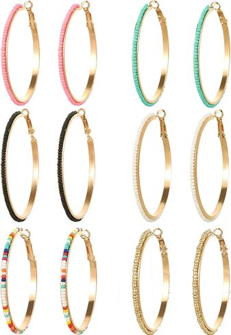 Jinxiuge 6 Pair Beaded Hoop Earrings Boho Flower Round Earrings Women's Handmade Earrings Set in Saudi Arabia