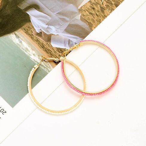 Jinxiuge 6 Pair Beaded Hoop Earrings Boho Flower Round Earrings Women's Handmade Earrings Set in Saudi Arabia