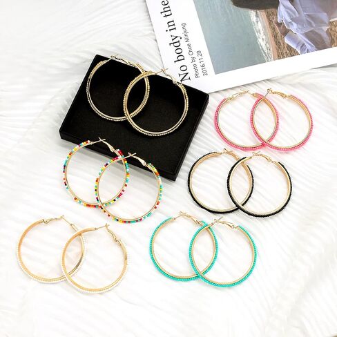 Jinxiuge 6 Pair Beaded Hoop Earrings Boho Flower Round Earrings Women's Handmade Earrings Set in Saudi Arabia