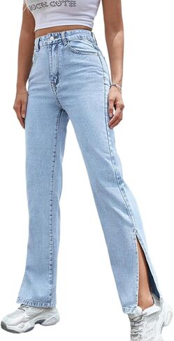 Straight Leg Jeans for Women Split Hem Classic Relax Fit High Waisted Stretchy Bootcut Jeans Denim Pants with Pockets in Saudi Arabia