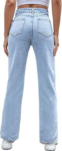 Straight Leg Jeans for Women Split Hem Classic Relax Fit High Waisted Stretchy Bootcut Jeans Denim Pants with Pockets in Saudi Arabia
