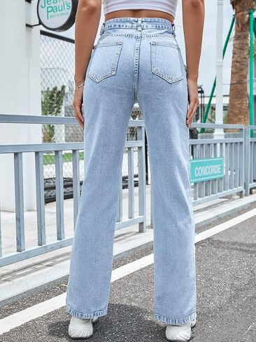 Straight Leg Jeans for Women Split Hem Classic Relax Fit High Waisted Stretchy Bootcut Jeans Denim Pants with Pockets in Saudi Arabia