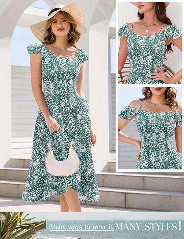Aupuls Women Off Shoulder Summer Floral Dress 2025 Casual Beach Vacation Midi Dresses in Kuwait