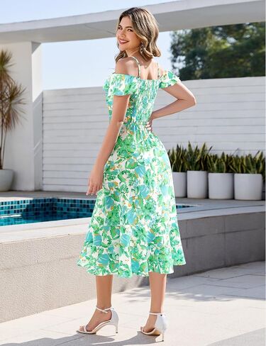 Aupuls Women Off Shoulder Summer Floral Dress 2025 Casual Beach Vacation Midi Dresses in Kuwait