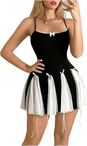 Verdusa Women's Y2K Bow Tie Criss Cross Backless Mini Dress Dress Colorblock Lace Cami Dress in Saudi Arabia