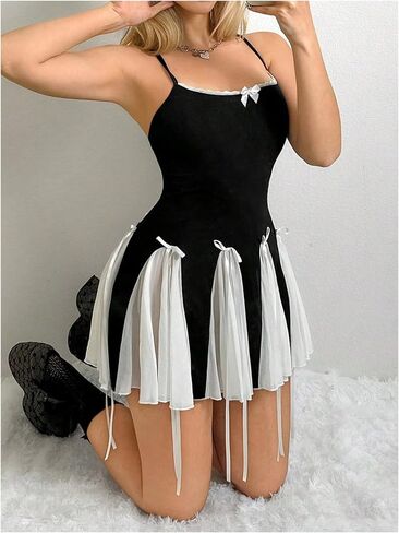Verdusa Women's Y2K Bow Tie Criss Cross Backless Mini Dress Dress Colorblock Lace Cami Dress in Saudi Arabia