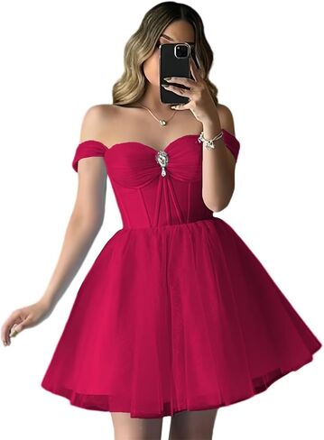 Xyaye Sparkly Tulle HomeComing Dresses قبالة الكتف فساتين حفلة موسيقية قصيرة للمراهقين منتفخ حبيبتي فستان كوكتيل خط in Saudi Arabia