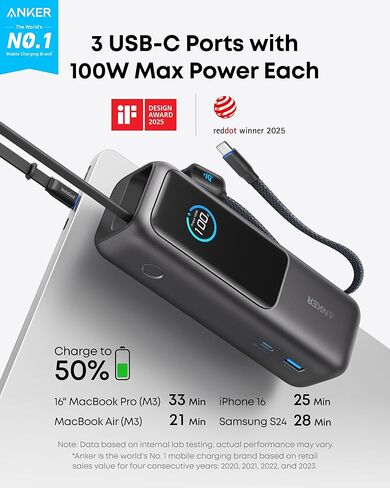 Anker Laptop Power Bank, 25,000mAh Portable Charger with Triple 100W USB-C Ports for Multi-Device Charging, Built-in and Retractable Cables, for iPhone 16/15 Series, MacBook, Samsung, and More in Kuwait