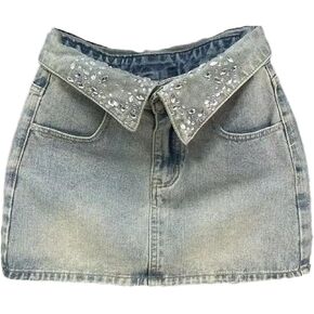 نساء عتيقة عالية الخصر A-LINE SKIRM SKIRT RHINESTONE تفاصيل جيب الحاجز المنحوت in Kuwait