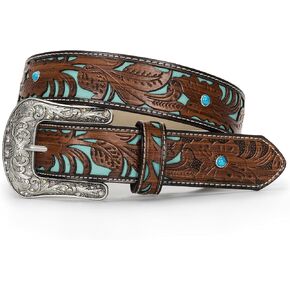 Western-Cowgirl-Belts for Women and Men Turquoise-Decorate-Silver-Buckles Western-Cowboy-Leather-Belts for Jeans Pants in Kuwait
