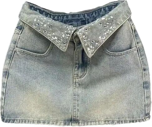 نساء عتيقة عالية الخصر A-LINE SKIRM SKIRT RHINESTONE تفاصيل جيب الحاجز المنحوت in Kuwait