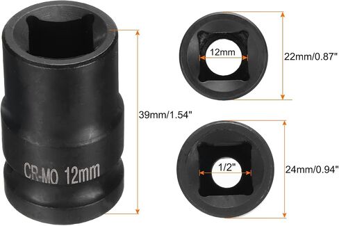 HARFINGTON 4 Point Square Socket 1/2" Drive 12mm Metric Square Impact Socket CR-MO Blackening Standard Wheel Sockets Pneumatic Socket Tool for Auto Repair Mechanical Maintenance Home Use in Saudi Arabia