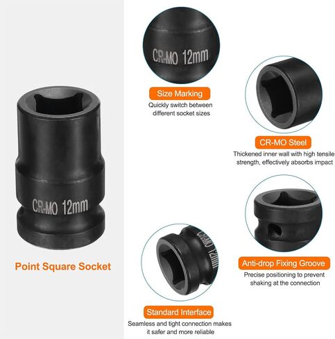 HARFINGTON 4 Point Square Socket 1/2" Drive 12mm Metric Square Impact Socket CR-MO Blackening Standard Wheel Sockets Pneumatic Socket Tool for Auto Repair Mechanical Maintenance Home Use in Saudi Arabia