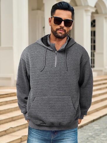 Auxo Mens Quarter Zip Pullover Fashion Quilted Hoodies Long Sleeve hooded Sweatshirt with Pocket in Kuwait