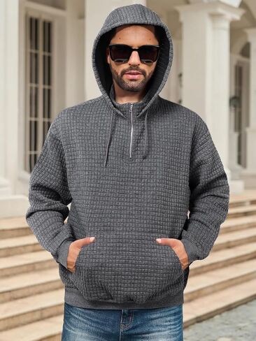 Auxo Mens Quarter Zip Pullover Fashion Quilted Hoodies Long Sleeve hooded Sweatshirt with Pocket in Kuwait
