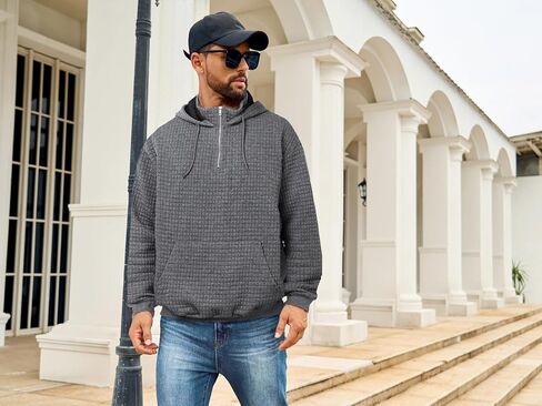 Auxo Mens Quarter Zip Pullover Fashion Quilted Hoodies Long Sleeve hooded Sweatshirt with Pocket in Kuwait