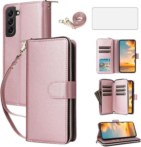 Asuwish Phone Case for Samsung Galaxy S22 Plus S22+ 5G Cover with Tempered Glass Screen Protector and Zipper Wallet Card Holder Slot Stand Flip Cell S22+5G S22plus 22S + S 22 22+ Women Men Black in Saudi Arabia