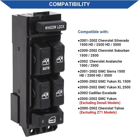 Car Power Window Switch Control Open Button Compatible with 2000 2001 2002 Chevy Tahoe Suburban Silverado Avalanche GMC Yukon Sierra 1500 2500 3500 Cadillac Escalade Replaces 19259961 ‎15062650 in Saudi Arabia