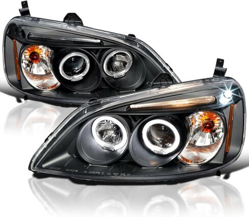SPEC-D TUNING LED Halo Glossy Black Housing Smoke Lens Projector Headlights Compatible with 2001-2003 Honda Civic 2/4 Door, Left + Right Pair Headlamps Assembly in Saudi Arabia