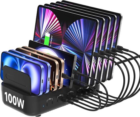 Soopii USB C Multi Charge Station ، 100W 10-Port Type C Fast Charger Station لأجهزة متعددة مع مقاطعات قابلة للتعديل ، منظم الشاحن المتوافق مع الهاتف ، الكمبيوتر اللوحي ، Kindle والمزيد (أبيض) in Kuwait