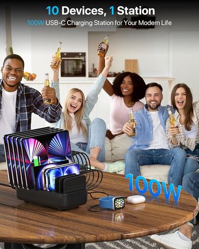Soopii USB C Multi Charge Station ، 100W 10-Port Type C Fast Charger Station لأجهزة متعددة مع مقاطعات قابلة للتعديل ، منظم الشاحن المتوافق مع الهاتف ، الكمبيوتر اللوحي ، Kindle والمزيد (أبيض) in Kuwait