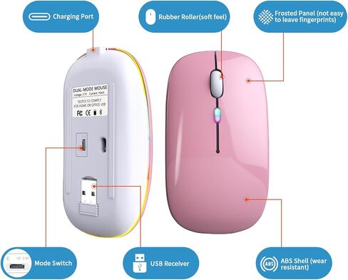 Wireless Bluetooth Mouse, Rechargeable, LED, Silent, Ultra-thin Design (Bluetooth 5.2 and 2.4GHz USB Receiver) | Portable Computer Mouse for Laptops, iPads, MacBooks and Apple Devices (Black) in Saudi Arabia