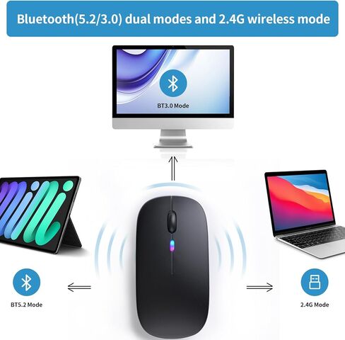 Wireless Bluetooth Mouse, Rechargeable, LED, Silent, Ultra-thin Design (Bluetooth 5.2 and 2.4GHz USB Receiver) | Portable Computer Mouse for Laptops, iPads, MacBooks and Apple Devices (Black) in Saudi Arabia