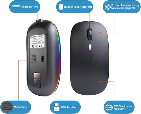 Wireless Bluetooth Mouse, Rechargeable, LED, Silent, Ultra-thin Design (Bluetooth 5.2 and 2.4GHz USB Receiver) | Portable Computer Mouse for Laptops, iPads, MacBooks and Apple Devices (Black) in Saudi Arabia