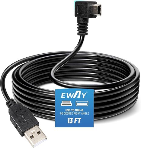 EWAY Mini USB Dash Cam Power Cable 13ft, USB 2.0 A to 90 Degree Left Angle Mini-B USB Charging Cord Power Supply Car Charger Adapter Connector for Dashcam Dashboard Recorder Mirror Cam Backup Camera in Saudi Arabia