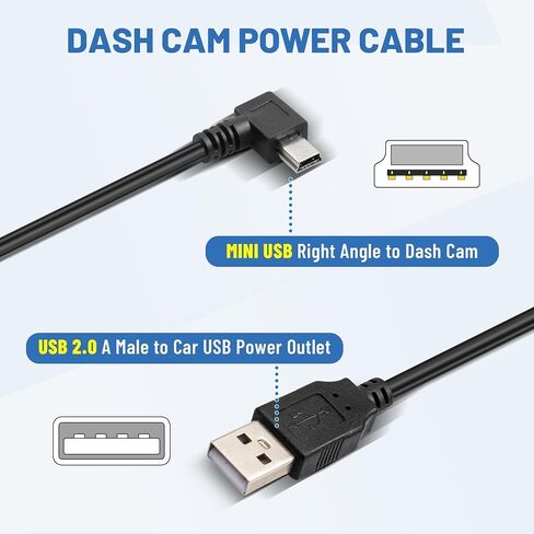 EWAY Mini USB Dash Cam Power Cable 13ft, USB 2.0 A to 90 Degree Left Angle Mini-B USB Charging Cord Power Supply Car Charger Adapter Connector for Dashcam Dashboard Recorder Mirror Cam Backup Camera in Saudi Arabia