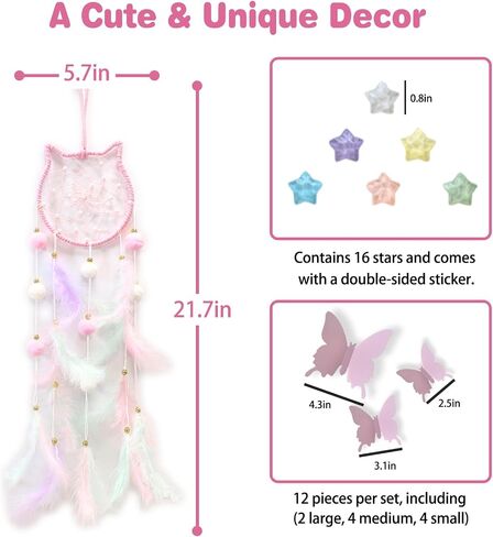 Pink Moon Dream Catcher Wall Decor for Teen Girls, Handmade Baby Dreamcatcher, Wall Hanging Decor for Nursery Bedroom, Boys Girls Gift Set with 3D Butterfly and Stars in Saudi Arabia