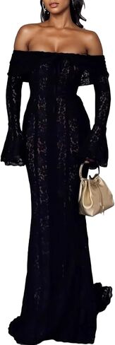 Women Elegant Off Shoulder Lace Bodycon Maxi Dress Bell Sleeve Mesh Sheer Mermaid Wedding Party Dress in Saudi Arabia
