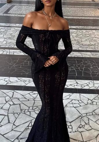 Women Elegant Off Shoulder Lace Bodycon Maxi Dress Bell Sleeve Mesh Sheer Mermaid Wedding Party Dress in Saudi Arabia