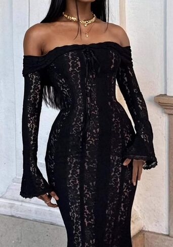 Women Elegant Off Shoulder Lace Bodycon Maxi Dress Bell Sleeve Mesh Sheer Mermaid Wedding Party Dress in Saudi Arabia