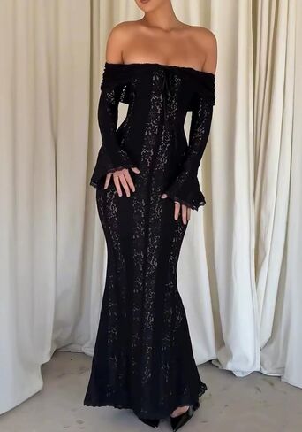 Women Elegant Off Shoulder Lace Bodycon Maxi Dress Bell Sleeve Mesh Sheer Mermaid Wedding Party Dress in Saudi Arabia