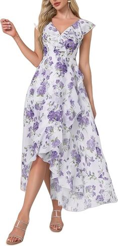 Womens V Neck Floral Print Ruffle Maxi Party Dress A-Line Summer High Low Flowy Wedding Guest Cocktail Dress in Saudi Arabia