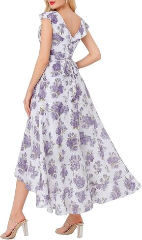 Womens V Neck Floral Print Ruffle Maxi Party Dress A-Line Summer High Low Flowy Wedding Guest Cocktail Dress in Saudi Arabia