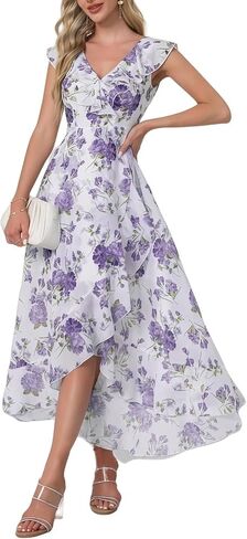 Womens V Neck Floral Print Ruffle Maxi Party Dress A-Line Summer High Low Flowy Wedding Guest Cocktail Dress in Saudi Arabia