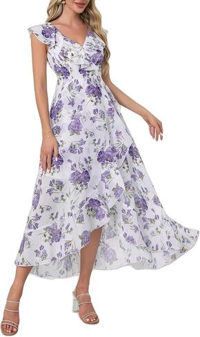 Womens V Neck Floral Print Ruffle Maxi Party Dress A-Line Summer High Low Flowy Wedding Guest Cocktail Dress in Saudi Arabia