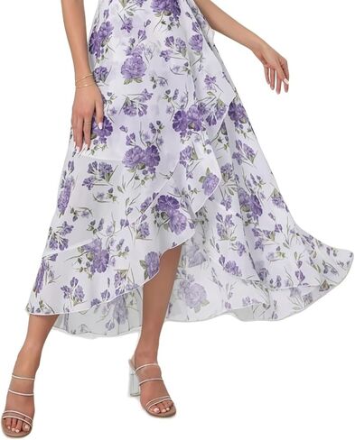 Womens V Neck Floral Print Ruffle Maxi Party Dress A-Line Summer High Low Flowy Wedding Guest Cocktail Dress in Saudi Arabia